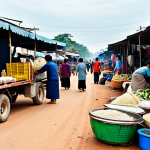 Border Market Scene**

"A bustling border market between Cambodia and Vietnam. Vendors are selling local crafts, textiles, and agricultural products. People are dressed in modest, traditional clothing appropriate for the climate. Stalls are displaying goods. In the background, there are trucks and small vehicles. The scene is active but orderly. Focus on depicting cultural exchange and economic activity. Safe for work, appropriate content, fully clothed, professional, perfect anatomy, natural proportions, high quality."

**