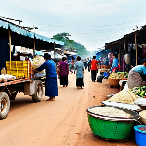 Home 14 Border Market Scene**
"A bustling border market between Cambodia and Vietnam. Vendors are selling local crafts, textiles, and agricultural products. People are dressed in modest, traditional clothing appropriate for the climate. Stalls are displaying goods. In the background, there are trucks and small vehicles. The scene is active but orderly. Focus on depicting cultural exchange and economic activity. Safe for work, appropriate content, fully clothed, professional, perfect anatomy, natural proportions, high quality."
**