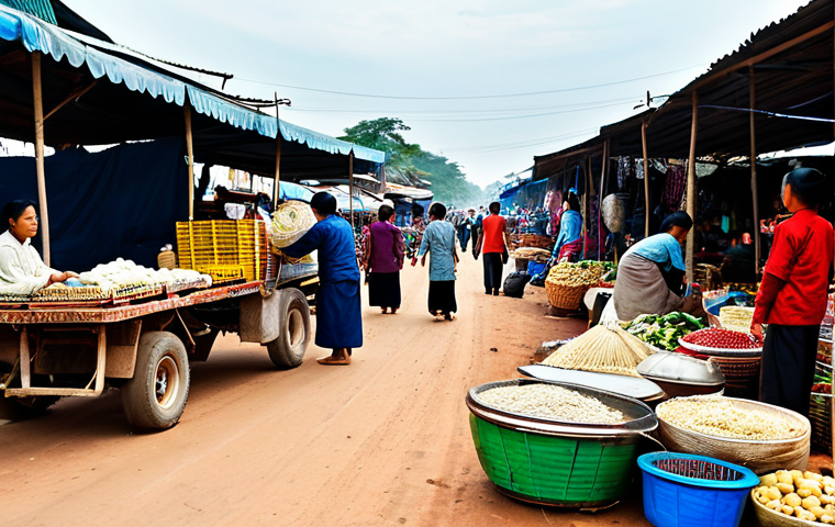 Border Market Scene**

"A bustling border market between Cambodia and Vietnam. Vendors are selling local crafts, textiles, and agricultural products. People are dressed in modest, traditional clothing appropriate for the climate. Stalls are displaying goods. In the background, there are trucks and small vehicles. The scene is active but orderly. Focus on depicting cultural exchange and economic activity. Safe for work, appropriate content, fully clothed, professional, perfect anatomy, natural proportions, high quality."

**