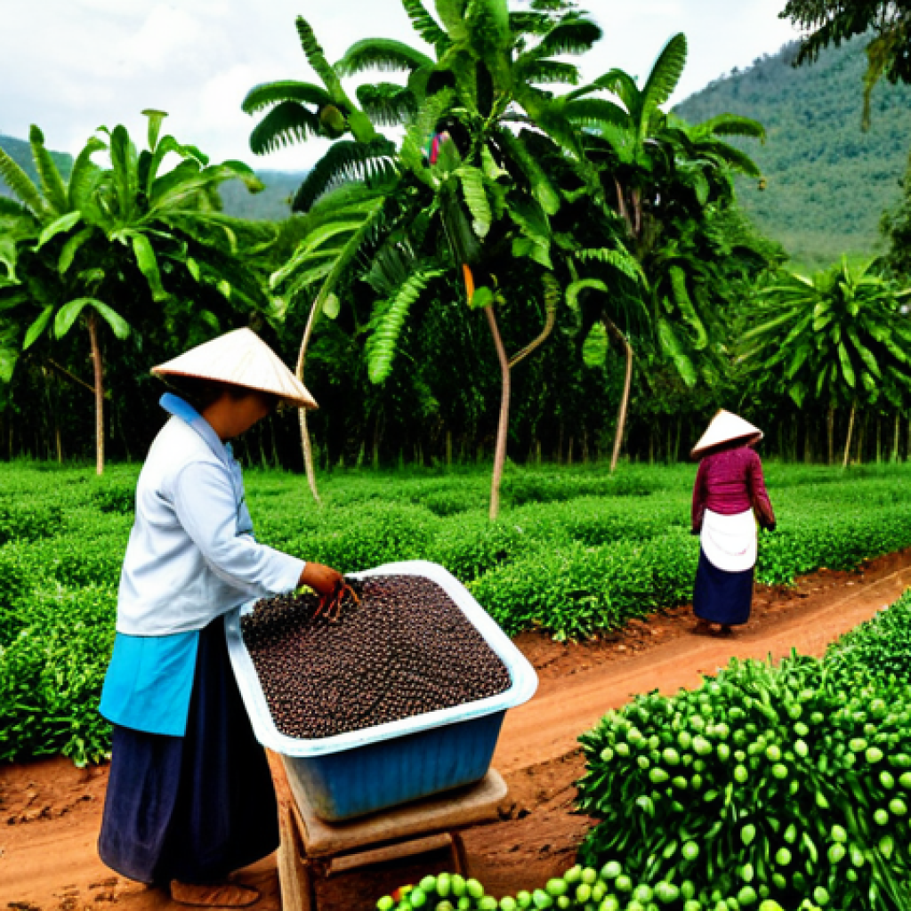 Kampot Pepper Harvest**

"A picturesque scene of a Kampot pepper plantation in Cambodia, showcasing local farmers, fully clothed in traditional, modest clothing, carefully hand-picking ripe peppercorns. Baskets overflowing with freshly harvested black pepper are visible. Lush green foliage and the vibrant Cambodian countryside in the background. Professional photography, natural light, perfect anatomy, correct proportions, well-formed hands, safe for work, appropriate content, family-friendly."

**