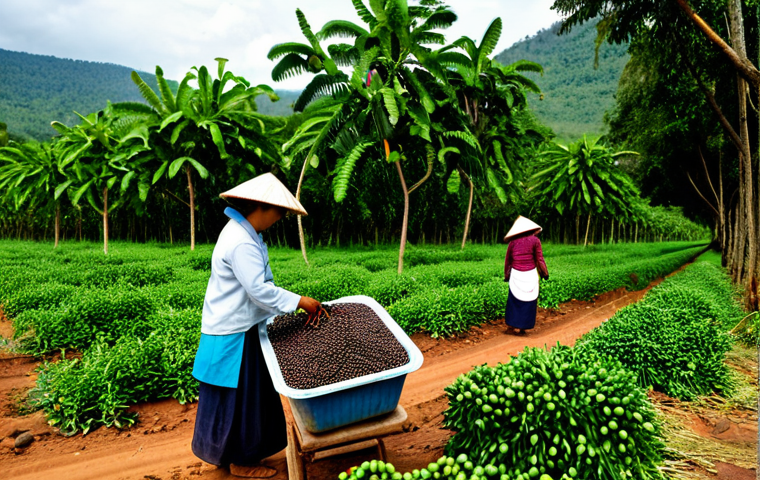 Kampot Pepper Harvest**

"A picturesque scene of a Kampot pepper plantation in Cambodia, showcasing local farmers, fully clothed in traditional, modest clothing, carefully hand-picking ripe peppercorns. Baskets overflowing with freshly harvested black pepper are visible. Lush green foliage and the vibrant Cambodian countryside in the background. Professional photography, natural light, perfect anatomy, correct proportions, well-formed hands, safe for work, appropriate content, family-friendly."

**