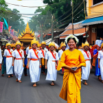 캄보디아 축제 방문시 유의점 - A bustling Cambodian street festival scene, filled with colorful decorations and joyful people in tr...