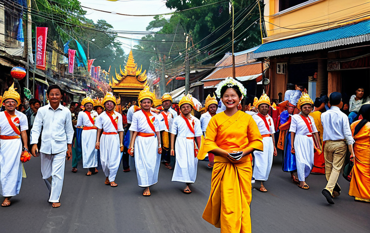 캄보디아 축제 방문시 유의점 - A bustling Cambodian street festival scene, filled with colorful decorations and joyful people in tr...